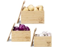 3x Opbergkisten voor Voedsel - Stapelbare Bambus Kisten - voor Aardappelen, Uien en Knoflook