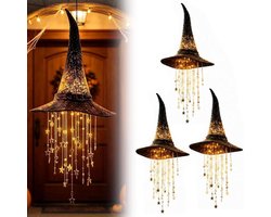 3x Oplichtende heksenhoed-hanger - Hangende Halloween decoratie - Windgong - Halloween Decoratie Licht - tovenaarshoed - Kwastjes met sterrenmotief - Thema Feest - Halloween versiering/decoratie - Cadeau - Horror party - voor veranda's of terrassen