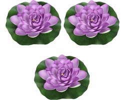 3x Paarse drijvende kunst waterlelie bloemen 18 cm - Tuinaccessoires - Vijverbenodigdheden - Vijverdecoratie - Nep/kunst bloemen/planten - Waterlelies