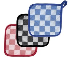 3x Pannenlap - 17x17cm - Keukenlap - Hittebeschermer - Ovenlap - Katoen - Geruit - Willekeurige kleur (rood/zwart/blauw)
