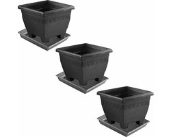 3x stuks antraciet grijze plantenbakken/bloembakken met onderschaal/water opvang bord - formaat 30 x 30 x 23.5 cm