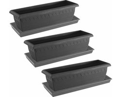 3x stuks antraciet grijze plantenbakken/bloembakken met onderschaal/water opvang bord - formaat 60 x 20 x 16 cm