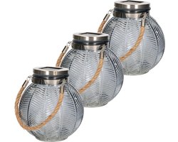 3x stuks grijze solar lantaarn van gestreept glas rond 16 cm - Tuinlantaarns - Solarverlichting - Tuinverlichting