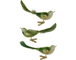 3x stuks luxe glazen decoratie vogels op clip groen 11 cm - Decoratievogeltjes - Kerstboomversiering