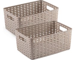 3x stuks rotan gevlochten opbergmand/opbergbox kunststof - Taupe - 19 x 29 x 13 cm - Kast mandjes