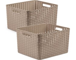 3x stuks rotan gevlochten opbergmand/opbergbox kunststof - taupe - 34 x 40 x 23 cm - Kast mandjes