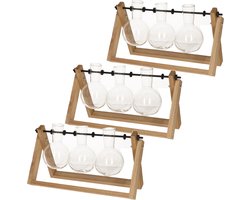 3x stuks stekset van hout 25 x 14 cm met 3 glazen vaasjes 11 x 6 cm - woondecoratie / woonaccessoires