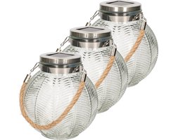 3x stuks transparante solar lantaarn van gestreept glas rond 16 cm - Tuinlantaarns - Solarverlichting - Tuinverlichting