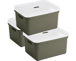 3x Sunware opbergbox/mand/kist van 32 liter donkergroen kunststof met transparante deksel - 45 x 35 x 24 cm