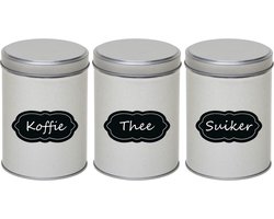 3x Zilveren ronde opbergblikken/bewaarblikken met beschrijfbare labels/etiketten 13 cm - Koffie/thee/suiker voorraadblikken - Voorraadbussen - Voorraadkast organiseren