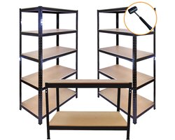3x Zwart Rek + Werkbank 280kg/plank 90x45x180cm Incl. Rubberen Hamer