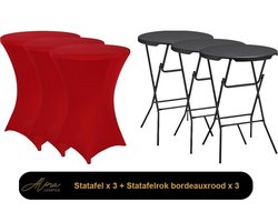 3x zwarte Statafel + bordeaux Statafelrok x 3 – 80 cm Dia x 110 cm hoog – Cocktailtafel – Hoge staan tafel – Breed Blad – Inclusief bordeaux Statafelhoes – Staantafelrok Stretch R