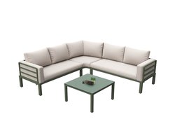 4-5 persoons Tuinset met verzinkt ijzeren frame, beige kussens, glazen salontafel, verstelbare poten