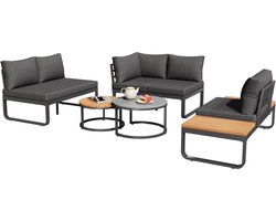 4-5 persoons Tuinset met verzinkt ijzeren frame, grijze kussens, 2 stapelbare salontafels, verstelbare poten