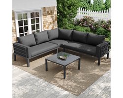 4-5 persoons Tuinset met verzinkt ijzeren frame, grijze kussens, glazen salontafel, verstelbare poten