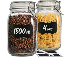 4 blikken potten met scharnierstop 1,5l - Met etiketten, pen en extra siliconen sluitingen - Ruimtebesparend door hoekige vorm - Vaatwasmachinebestendig