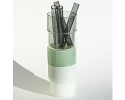 4 borosilicaat stapel glazen 250 ml, mint groen - wit - grijs - transparant glas met 4 dikke grijzen glazen rietjes. 100% vaadwasser veilig Nederlands ontwerp Maarten Baptist