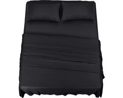 4-Delig Beddelakenset (Voor Beddenmaat 180x200 cm, Zwart) - Polyester Microvezel Stof - 1 Hoeslaken & Vlakke laken met 2 Kussenslopen 50x75 cm