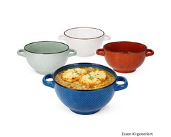4-delig set Chevron soepkommen met handvat, elk 1x blauw, bruin, olijfgroen en wit van keramiek – Q97000250