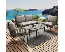 4-delig Tuin Loungeset - Grijs - Verzinkt Staal - Handgeflochten Touw - Houtnerf Glazen Tafel