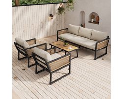 4-delig Tuinmeubelset - 3-zitsbank - 2 fauteuils en salontafel - buiten - kunststof houten tafelblad - gevlochten touw armleuningen -beige