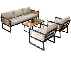 4-delig Tuinmeubelset - Loungeset - Tuinlounge Lounge Set - Voor Tuin of Terras - 3 Sofa’s, 2 Fauteuils & Salontafel - Kunststof Hout, Touw & Gegalvaniseerd Staal