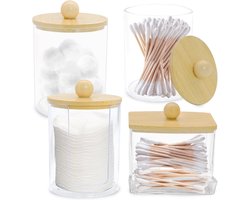 4-delige acryl wattenschijfjeshouder set met bamboe deksels - Organiseer je make-up en badkameraccessoires