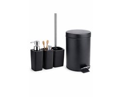 4-delige Badkamer Set Zwart – Zeepdispenser, Tandenborstelhouder, Toiletborstel & Pedaalemmer – Duurzaam ABS (51% Gerecycled) – Modern Design