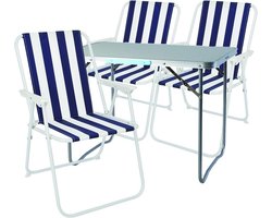 4-delige Campingstoelen en Tafelset - Inklapbaar Aluminium Set Blauw-Wit Gestreept
