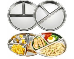 4-delige dinerset - 23 cm kinderbord - kinderbestek - Bord met tussenschot - 3 vakken - servies - Geschikt voor volwassenen en kinderen - Roestvrij staal - Zilver