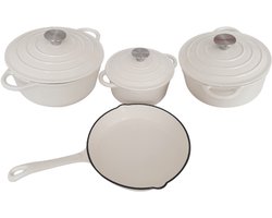 4-delige Gietijzeren Pannenset – Creamy - Noorafshan (NA) – Emaille Non-Stick Kookset – Geschikt voor Gas, Inductie & Oven – 20cm, 22cm, 24cm, 26cm