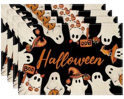 4-delige Halloween-placematset – Wasbare en afneembare placemats voor de eettafel – Keukenplacemats met spookthema –placemats - duurzame - hittebestendig - antislip - Afneembare placemat - Waterdichte en oliebestendige -Geïsoleerde placemat 30x45cm