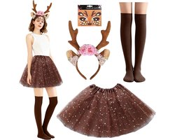 4-delige Herten Kostuumset voor Vrouwen met Antlers Haarband, Reindeer Oren, Tulle Rok en Gezichtsstickers voor Carnaval en Cosplay Feestjes