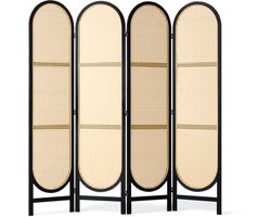 4-delige kamerscherm – rotan gevlochten privacy-scherm in bruin, elk paneel verbonden met drie tweezijdige scharnieren, ideaal voor het creëren van privéruimtes in huis of kantoor.