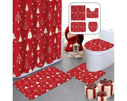 4-Delige Kerst Douchegordijn Set – Rood Winterthema met Kerstboom & Sneeuwvlokken – Anti-Schuif Badmatten + Toiletkleding – Feestelijke Badkamer Decoratie voor Kerstmis