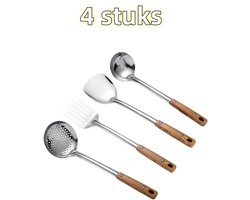 4-delige keukengereiset - Soeplepel - Spatel - Schuimspaan - Wok - Roestvrij staal - Geschikt voor gebruik in de keuken - Houtkleur