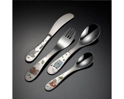 4-Delige Kinder Bestekset RVS – Bosdieren Design – Vork, Lepel, Dessertlepel & Mes – Vanaf 3 Jaar – Inclusief Geschenkverpakking