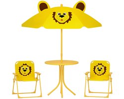 4-delige Kinder Tuinset – Kinderset met Parasol & Opvouwbare Stoelen – Geel