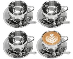 4-delige koffiemokkenset, 180 ml roestvrijstalen koffiemok met schotel en lepel, dubbelwandige mok/theekop geschikt geschikt voor latte, cappuccino en melkthee.