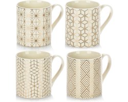 4-delige koffiemokkenset in moderne art deco-stijl - koffiepot, ook voor thee en glühwein - keramische mok - edele kleine keramische mok voor warme dranken (wit/goudkleurig)