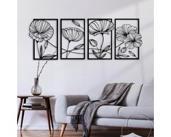 4-delige lotus wanddecoratieset - Wanddecoratie - wanddecoratie metaal - wanddecoratie woonkamer - Patchwork lijntekening - Zwart - IJzer - 26*43 cm
