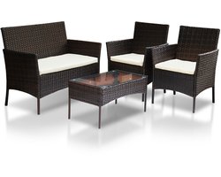 4-delige loungeset bruin voor balkon of serre - wicker, zachte kussens en glazen bijzettafel