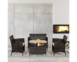 4-delige Loungeset van Wicker – Tuinmeubelset met Ergonomische Rugleuning, Weerbestendige Kussens & Glazen Tafel – Rattan Terras Set voor Balkon of Veranda – Bruin