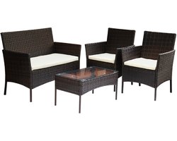 4-delige loungeset zwart voor tuin of terras - wicker, dikke kussens en tafel met veiligheidsglas