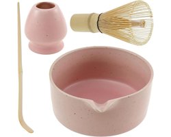 4-delige Matcha-set, Matcha-theeset, inclusief bamboeboon en theelepel, badstandaard en 600 ml Matcha-kom, handgemaakte Matcha - Roze