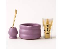4-delige matcha thee set - paars keramische matcha kom (modern golvend design), bamboe matcha klopper (chasen), chashaku lepel & keramische klopperhouder - complete Japanse theeceremonie set