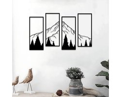 4-delige metalen wanddecoratieset met berg - Wanddecoratie - wanddecoratie woonkamer - wanddecoratie metaal - Muurdecoratie met bergen en bos - Zwart - IJzer - 18.5*43cm
