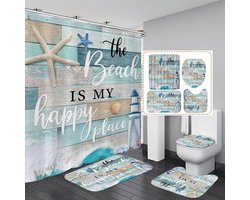 4-delige nautische badkamer set met douchegordijn, antislip matten en toiletdeksel
