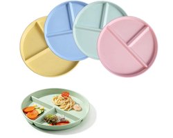 4-delige set - Dinerborden - Borden met vakjes - 22 cm - Kinderborden - Serveerborden - Onbreekbare borden - Borden met drie vakjes - Roze, blauw, geel, groen