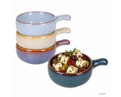 4-delige set Gustos dipschaaltjes met handvat 1x bruin, crème, licht- & donkerblauw van aardewerk – Q51200790